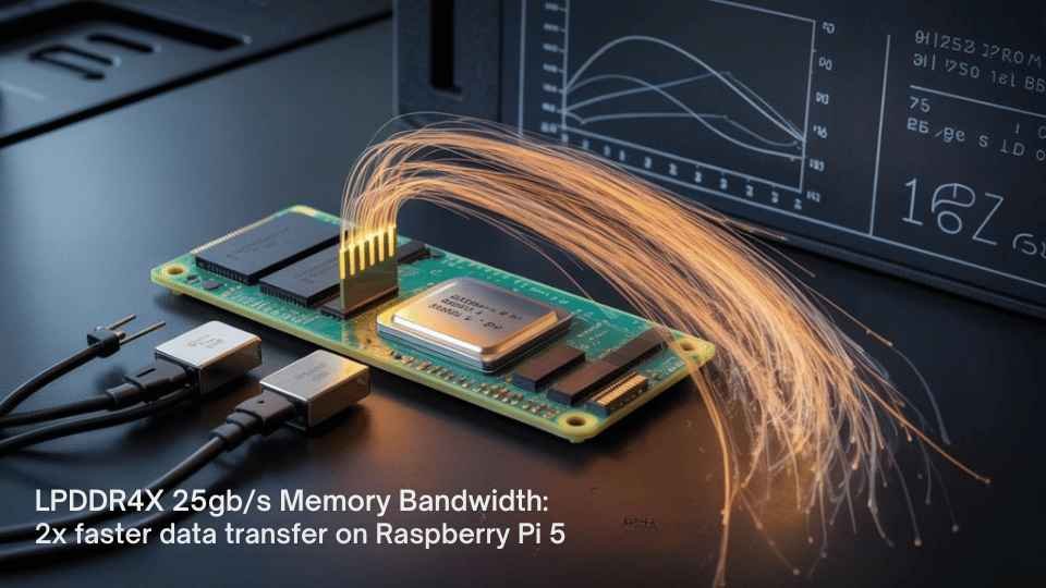 A realistic image depicting LPDDR4X memory modules connected to a Raspberry Pi 5 board with data streams visualized as high-speed light trails flowing through the memory channels, demonstrating the 2x memory bandwidth increase. Clean laboratory environment with performance charts showing 25 GB/s speeds in the background.