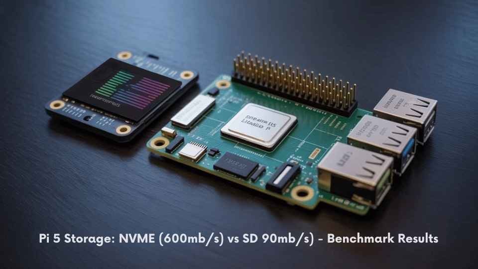:A realistic image comparing SD card and NVMe storage performance for Raspberry Pi 5, showing data transfer speeds visualization with graphs. Both storage types side-by-side with the Pi 5 board. NVMe clearly outperforming SD card (600MB/s vs 90MB/s) in a clean technical environment with professional lighting.