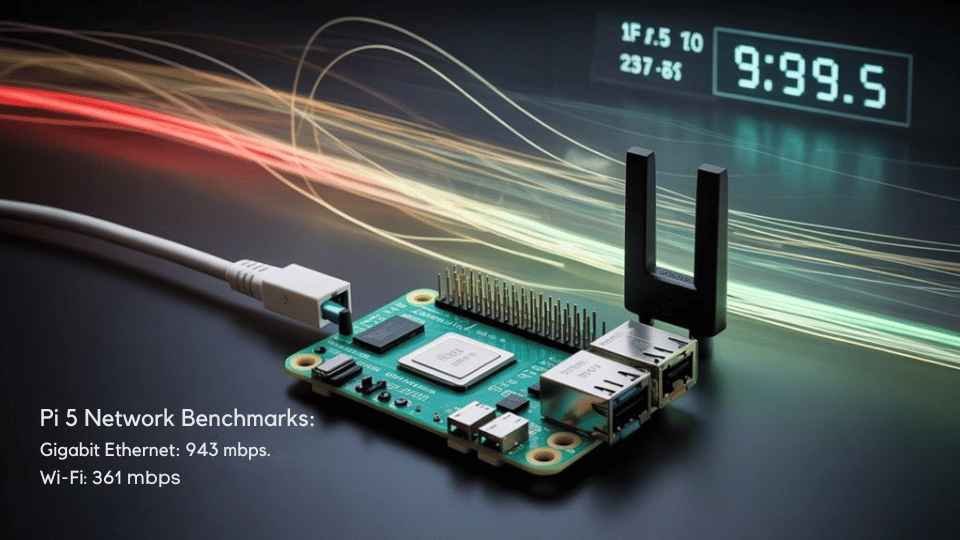 A realistic image of a Raspberry Pi 5 board connected to an Ethernet cable and Wi-Fi antenna, with a digital performance display showing network speed tests. The background features data transfer visualizations with glowing light trails representing different connectivity speeds. 
