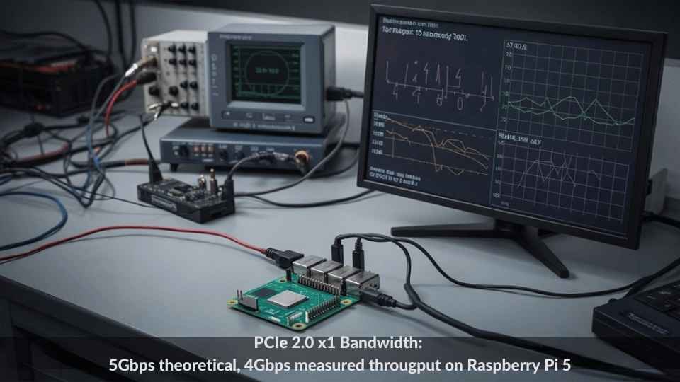 A realistic image showing a Raspberry Pi 5 board connected to PCIe expansion devices during benchmark testing. Display shows data throughput graphs comparing with previous models. Electronics lab setting with diagnostic equipment, oscilloscopes measuring signals, and cables connecting components. Technical, detailed, professional lighting.