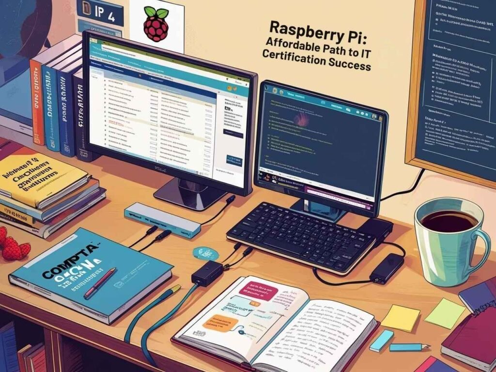 A realistic image of a Raspberry Pi 4 setup on a desk with connected monitor displaying certification exam practice questions. Nearby are IT textbooks, sticky notes, and a coffee mug. The compact workspace shows how this affordable, portable device enables hands-on learning for certs like CompTIA or CCNA.  This is showing how you can get an IT Certification with a Raspberry Pi