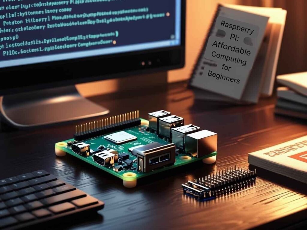 A realistic image of a Raspberry Pi 4 board on a wooden desk with a monitor displaying Python code in the background. Nearby components include a keyboard, GPIO pins, and a beginner's guidebook. The lighting is warm and inviting, perfect for a learning environment.  The only text in the image is as follows: "Raspberry Pi: Affordable Computing for Beginners "
