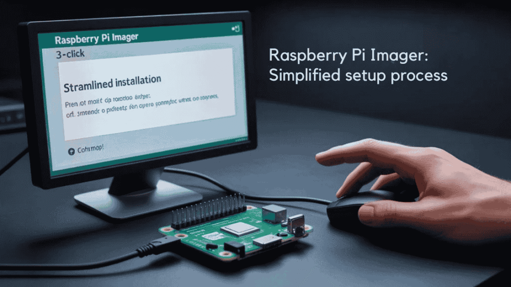 A realistic image depicting a clean desk setup with a computer screen showing the Raspberry Pi Imager software interface highlighting "Streamlined Installation" with progress indicators. Raspberry Pi hardware connected to display. Close-up of a finger clicking a mouse with minimal effort. Professional lighting.