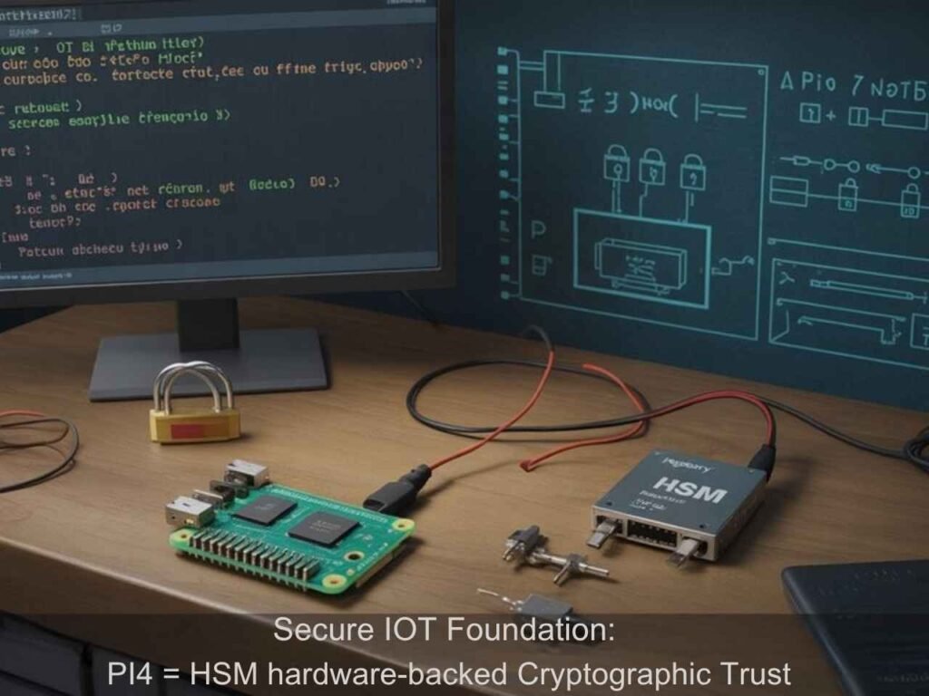 A realistic image showing a Raspberry Pi 4 connected to a USB HSM device on a workbench. Code displays on a monitor showing secure IoT implementation with Python. Components include GPIO sensors, circuit diagrams, and encryption keys visualized as padlocks protecting data flow.