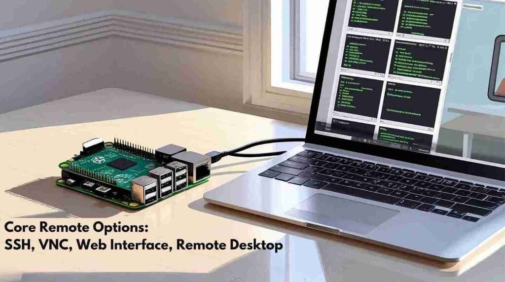 A realistic image showing a Raspberry Pi 4 on a desk with a laptop nearby displaying a remote desktop connection. Multiple windows show SSH terminal, VNC viewer, and web interface connections. Cable-free setup emphasizes wireless connectivity options like Wi-Fi and Bluetooth.  