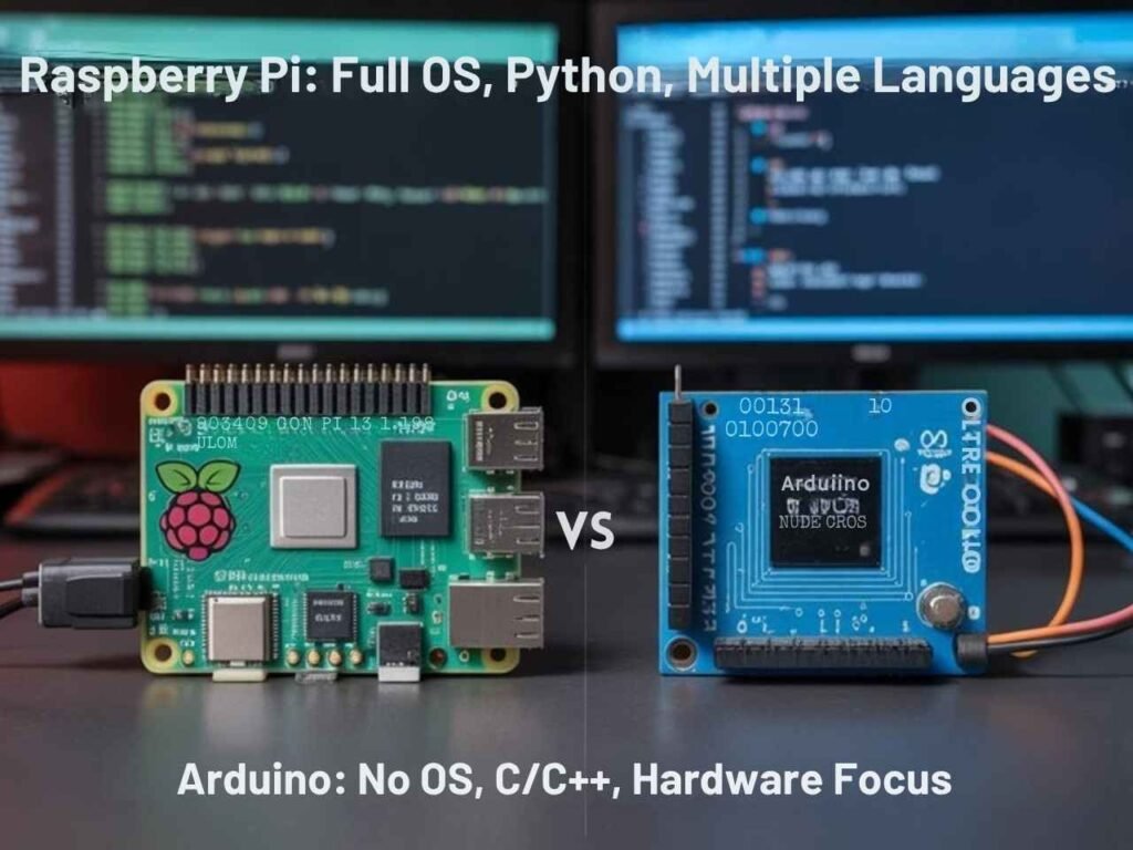 A realistic image depicting a side-by-side comparison of Raspberry Pi 4 and Arduino Uno boards on a workbench with code on monitors behind them. The Raspberry Pi shows Linux desktop environment while Arduino displays simple C++ code in an IDE. Components like sensors and GPIO pins visible.