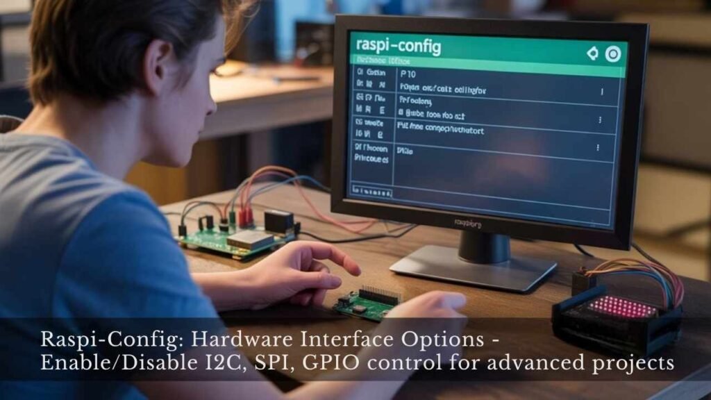 A realistic image showing a person using the Raspi-Config tool on a Raspberry Pi, configuring hardware interfaces. Close-up of screen displaying interface options menu with GPIO, I2C, SPI settings. Circuit boards, sensors, and LED arrays connected to the Pi. Warm lighting, technical workspace environment.
