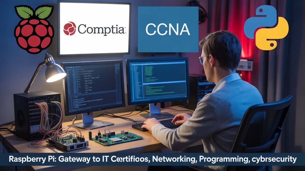 A realistic image of a person working with a Raspberry Pi computer setup, surrounded by IT certification logos including CompTIA, CCNA, and Python. The workspace shows coding on multiple screens with circuit boards and networking equipment nearby. Professional lighting highlights the affordable yet powerful learning environment.