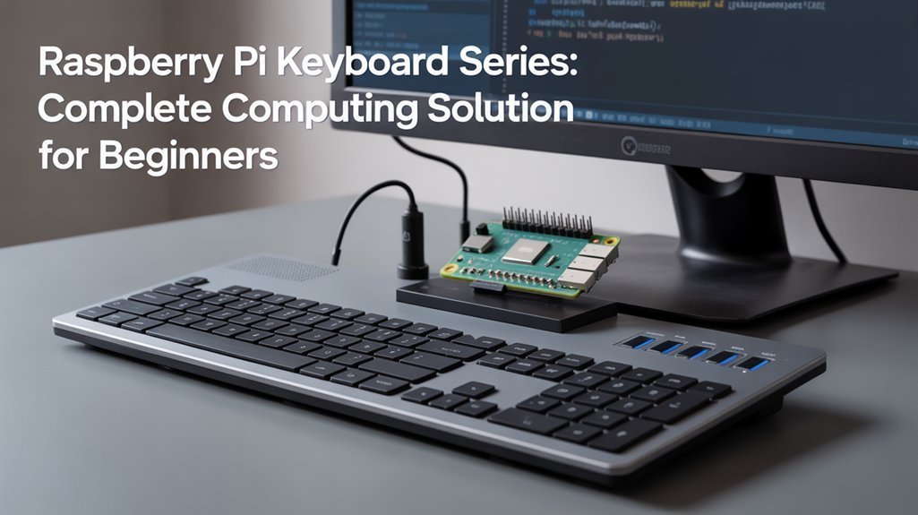 A realistic image showcasing a sleek all-in-one keyboard workstation with an integrated Raspberry Pi computer. The keyboard features built-in touchpad, visible USB ports, and compact form factor, perfect for beginners. Background shows coding environment on connected monitor. Sharp focus, neutral lighting, product photography style.