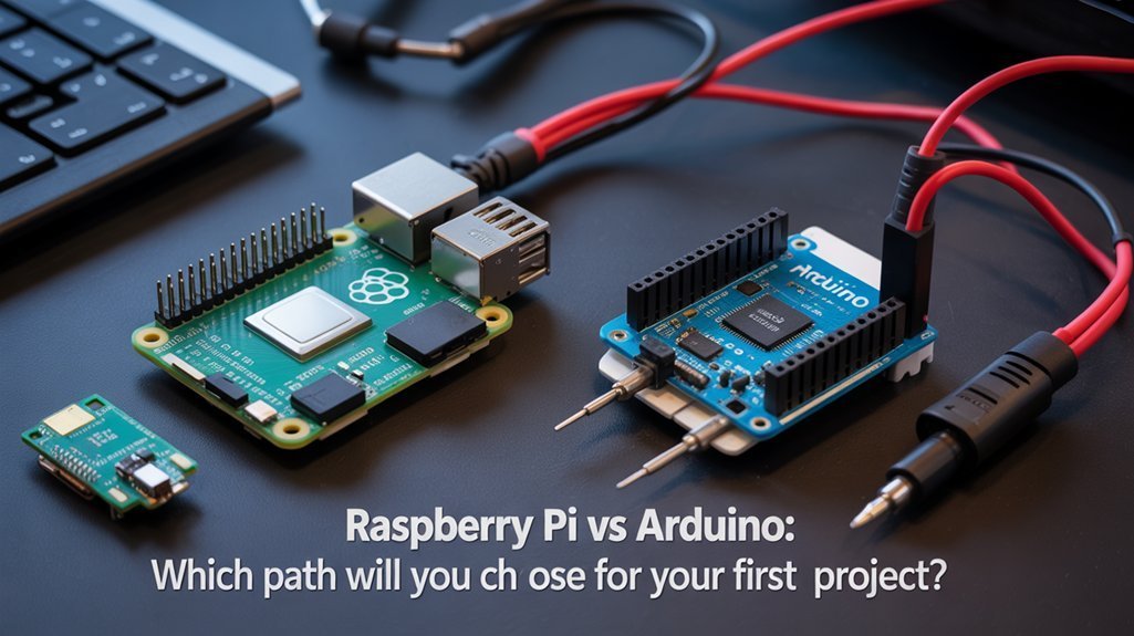 A realistic image showing a side-by-side comparison of a Raspberry Pi 4 and an Arduino Uno on a workbench with beginner-friendly electronics components surrounding each board. The Pi has a microSD card and monitor cables while the Arduino has breadboard and basic sensors attached.