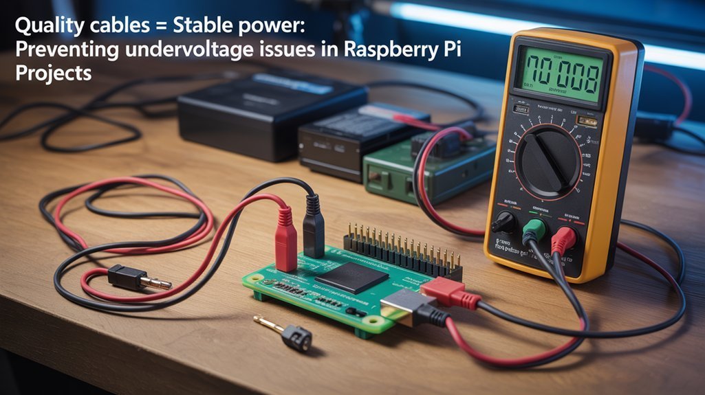A realistic image showing high-quality, thick cables to power a Raspberry Pi, contrasted with thin, frayed cables causing voltage drops. Include a digital multimeter displaying stable vs. fluctuating voltage readings. Background shows electronics workbench with power supplies and battery packs.