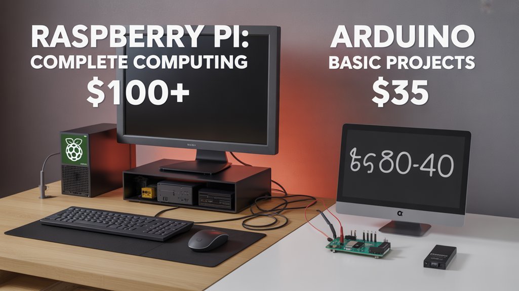 A realistic image showing two side-by-side workstations: left has Raspberry Pi with accessories (monitor, keyboard) totaling $100+; right has Arduino with simple components costing $30-40. Beginner-friendly cost comparison atmosphere with price tags clearly visible.