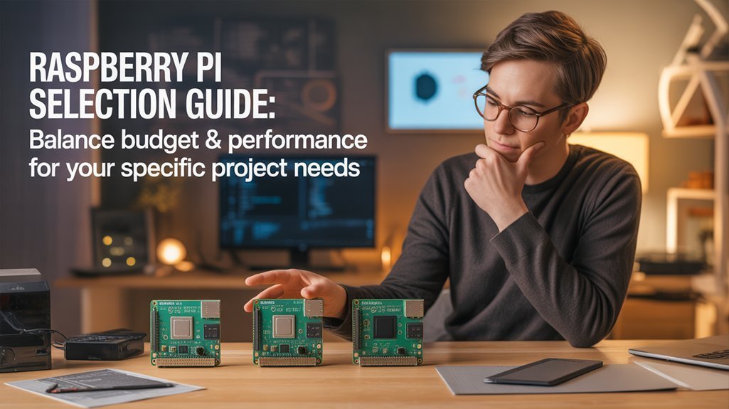 A realistic image showing a person thoughtfully comparing different Raspberry Pi models on a desk, with price tags and performance metrics visible. The background features a home office setup with coding projects. Lighting is warm and inviting, emphasizing the decision-making process.