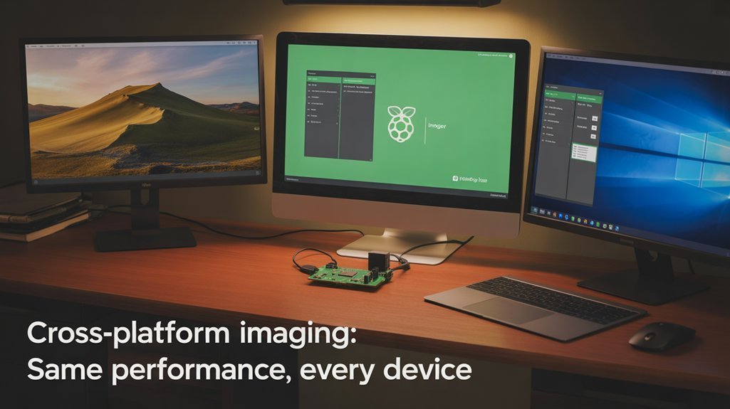 A realistic image showing a desk with multiple screens displaying the Raspberry Pi Imager interface on different operating systems (Windows, macOS, Linux) side by side. A Raspberry Pi 4 connected to one monitor shows an efficiently booting OS. Warm lighting highlights the seamless cross-platform experience.  The only text in the image is as follows: "Cross-Platform Imaging: Same Performance, Every Device"