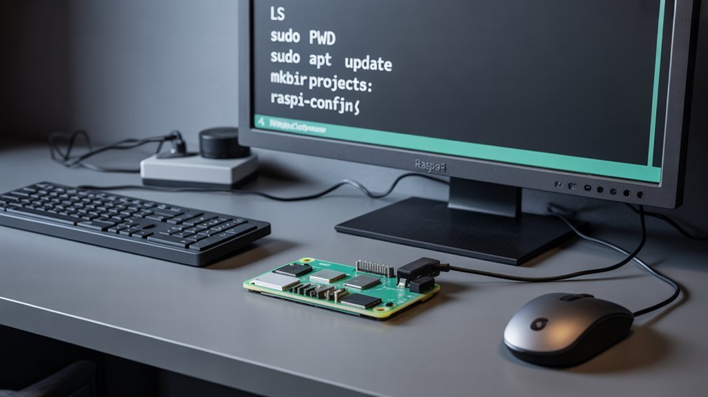 A realistic image of a Raspberry Pi 4 board connected to a monitor displaying a terminal window with common Linux commands visible. The workspace includes a keyboard, mouse, and a printed cheat sheet of navigation commands. The setup is on a clean desk with good lighting. 