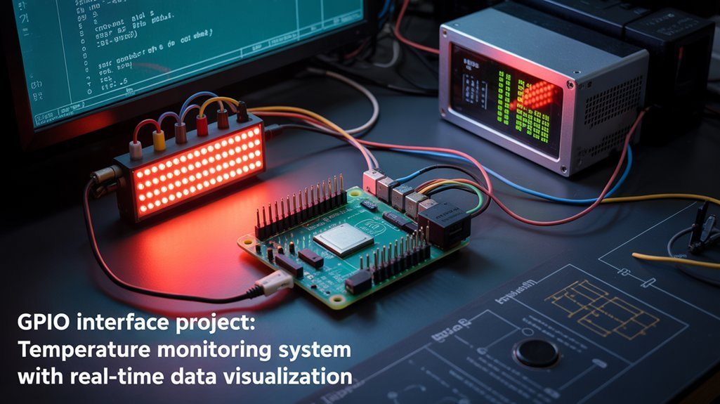 A realistic image of a detailed Raspberry Pi setup with GPIO pins connected to various hardware components including LED matrix, sensors, and an LCD display. The workspace shows organized wiring, code running on a monitor, and circuit diagrams. Professional lighting shows technical precision.