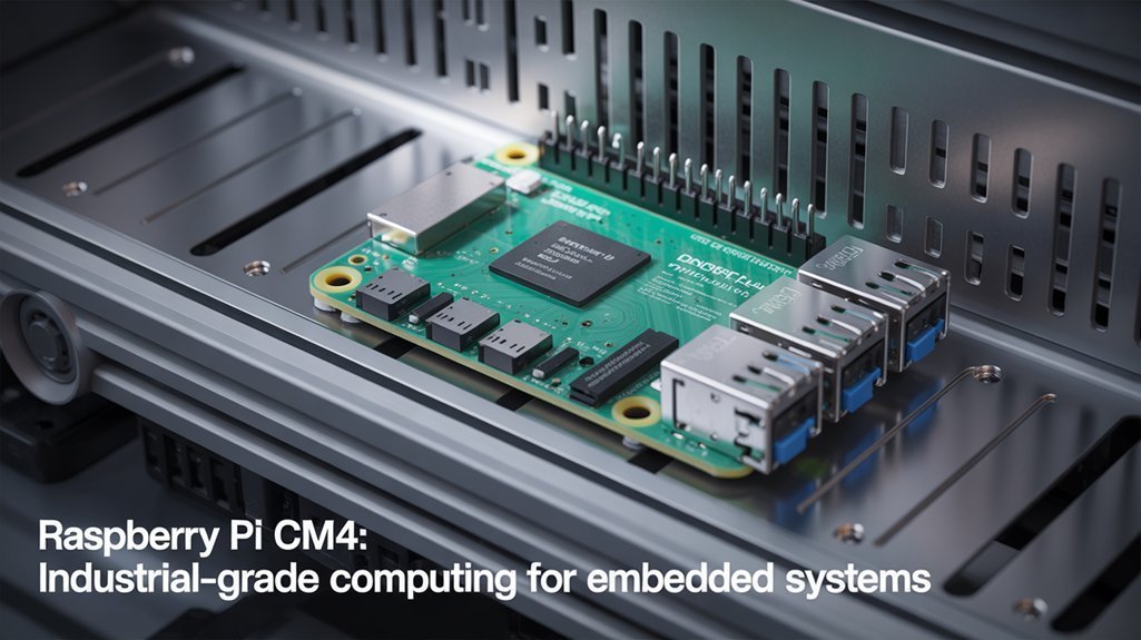 A realistic image of a Raspberry Pi Compute Module installed in an industrial DIN rail mount, with cooling fins and multiple I/O connections visible inside a factory automation cabinet. The module's compact design highlights its industrial application. Professional lighting, 8K resolution, detailed hardware components. 