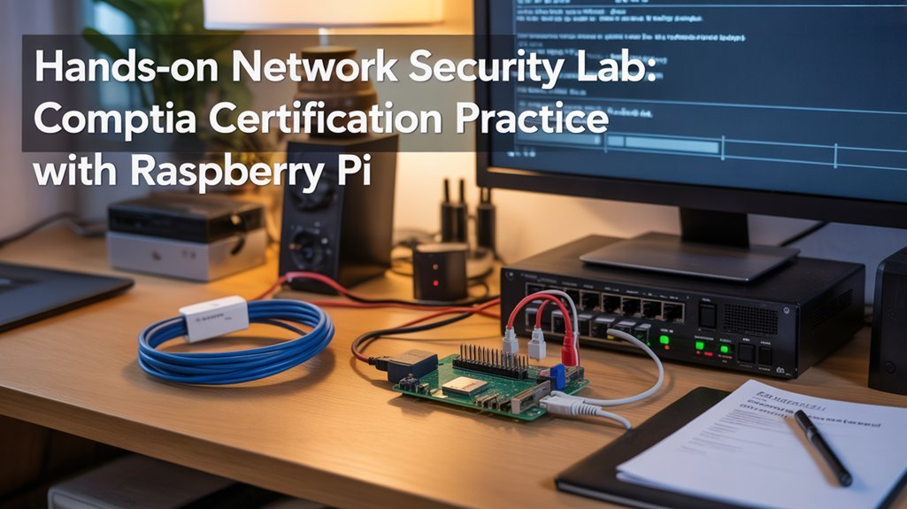 A realistic image of a home IT lab featuring a Raspberry Pi connected to network equipment, with ethernet cables neatly organized, security tools on a monitor, and certification study materials nearby. Warm lighting creates a focused study environment.