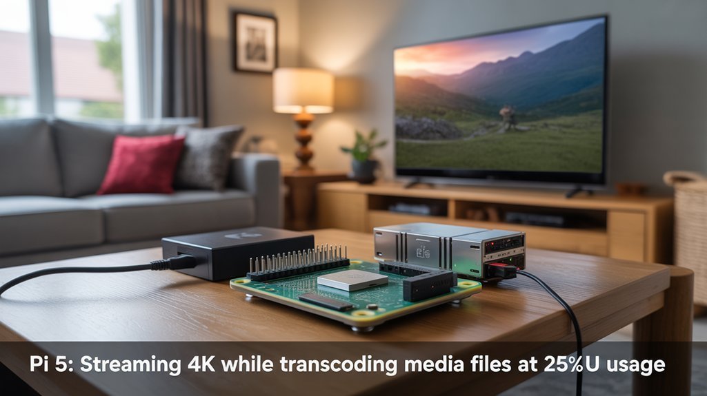 raspberry pi 5 multitasking gives you a media server that can stream 4K while transcoding media files at 25% Usage