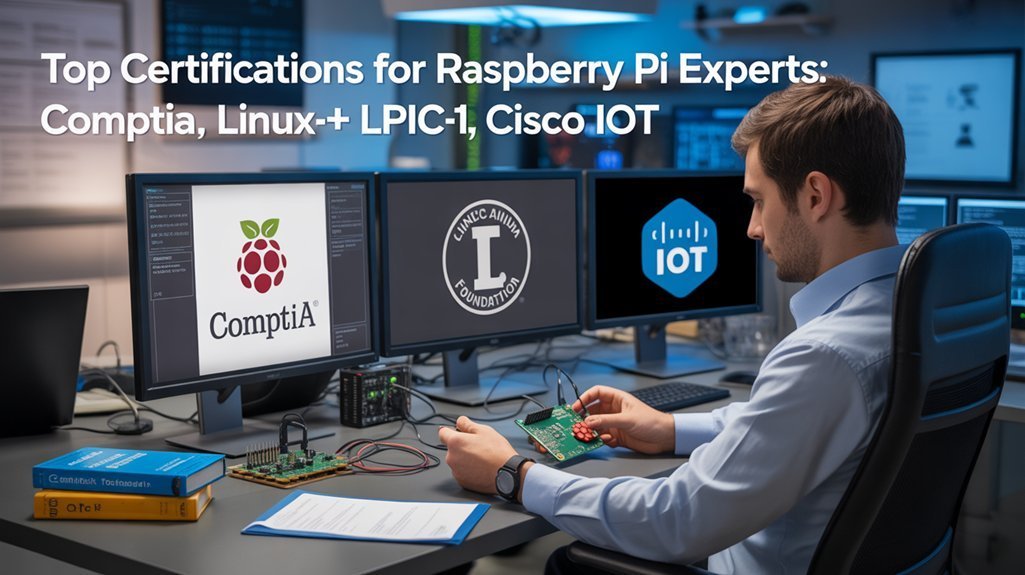 A realistic image showing a professional IT technician working with a Raspberry Pi connected to multiple monitors displaying certification logos from CompTIA, Linux Foundation, and Cisco. The workspace includes programming books, circuit components, and a certificate on the wall. The environment looks modern and tech-focused.  