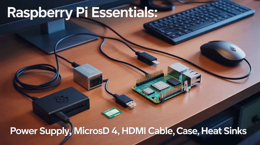 essential components for setting up your first raspberry pi; power supply, micro SD car, HDMI Cable, case and heat sinks