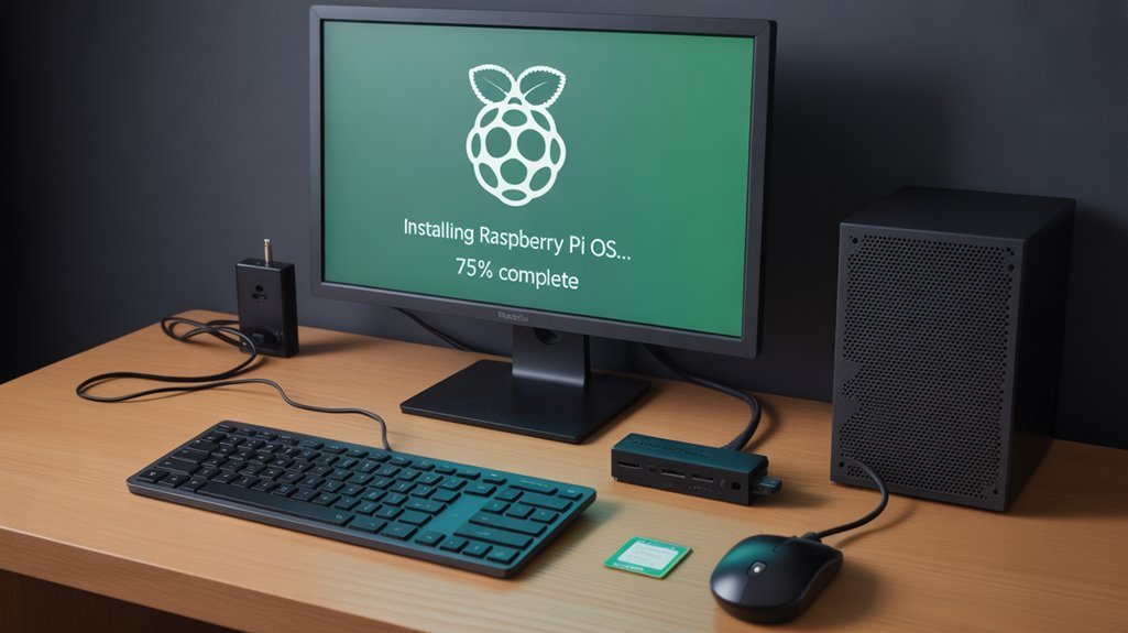 :A realistic image showing a desktop setup with a new Raspberry Pi 4 connected to a monitor, keyboard, and mouse. The monitor displays the Raspberry Pi OS installation screen with a progress bar at 75%. Nearby is a microSD card and power supply. This is a key step to learn in setting up a Raspberry Pi for beginners.