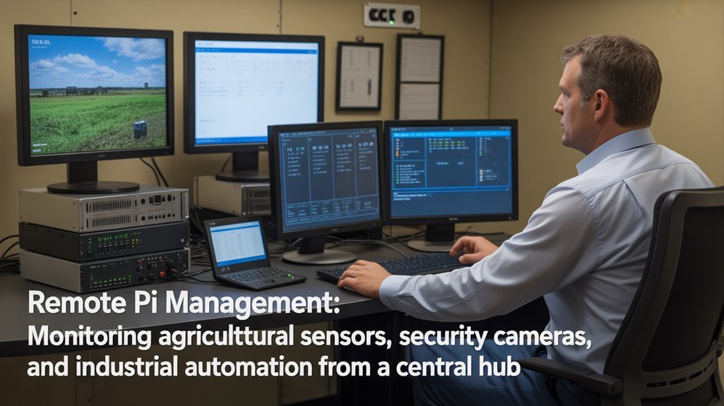 A realistic image showing a professional monitoring multiple Raspberry Pi devices remotely on computer screens in a control room. The setup demonstrates VNC connections, SSH terminals, and dashboard monitoring. Equipment includes network switches, Pi clusters, and IoT sensors in various remote locations.