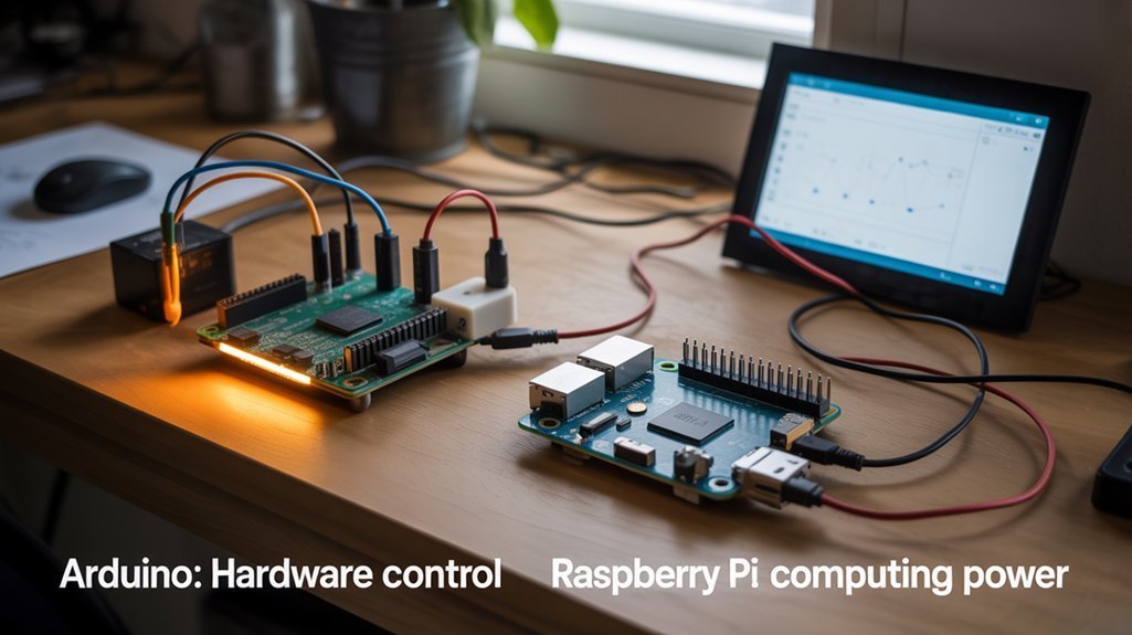 A realistic image showing a workspace with Raspberry Pi and Arduino boards side by side, each connected to different projects - Arduino controlling LED lights and motors, while Raspberry Pi runs a small screen displaying data visualization. Natural lighting highlights the distinct features of each board.  