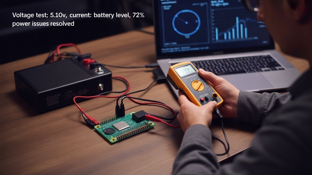 A realistic image of a workspace showing a Raspberry Pi connected to both a multimeter displaying voltage readings and a portable battery pack. A person is using a voltage tester on the power connection while diagnostic tools and charts are visible on a nearby laptop screen.
