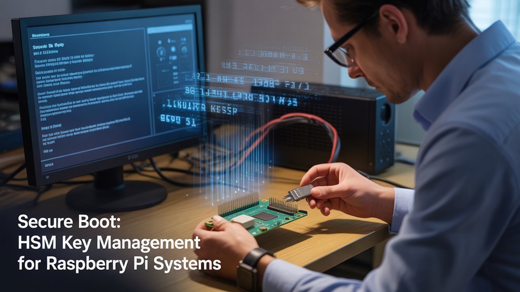 A realistic image depicting a focused engineer connecting an HSM with Raspberry Pi, with secure boot configuration displayed on a nearby monitor. Security keys are visually represented floating in digital space above the setup, showing the encryption process in action.