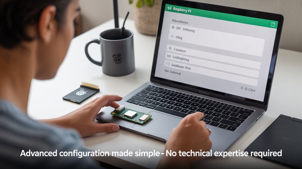 A realistic image of a person easily configuring a Raspberry Pi through the Raspberry Pi Imager software on a laptop. Close-up of the Advanced Options menu showing WiFi setup, SSH enabling, and localization settings without coding. Clean desk with Raspberry Pi board, SD card, and coffee mug.  