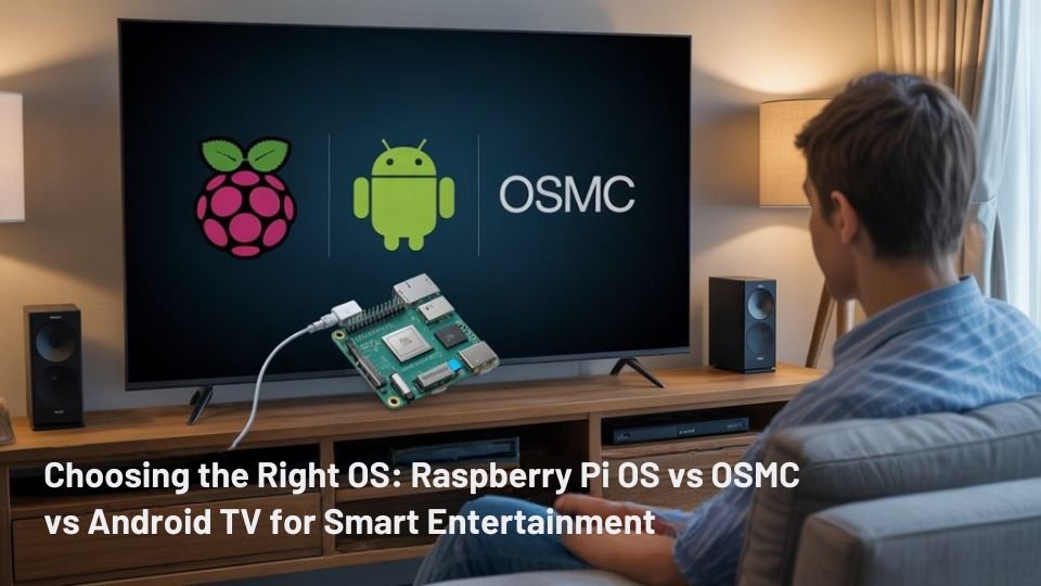 How to Connect a Raspberry Pi to a Smart TV 1 A realistic image showing a person comparing operating system options on a large smart TV display. The TV screen displays Raspberry Pi OS, Android TV, and OSMC logos while a Raspberry Pi 4 sits connected via HDMI cable. The living room setting highlights the modern integration of technology.
