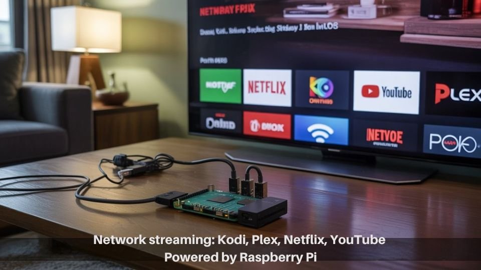 How to Connect a Raspberry Pi to a Smart TV 2 A realistic image of a Raspberry Pi connected to a smart TV displaying a streaming media interface. The TV shows popular streaming apps like Netflix, YouTube, and Plex. HDMI cable connects the devices, with network cables and Wi-Fi symbols indicating connectivity options. Modern living room setting with ambient lighting.