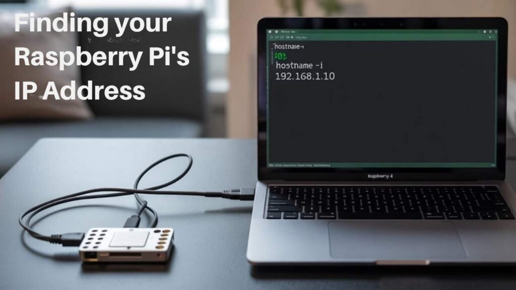 How to Use SSH on a Raspberry Pi: What You Need to Know 1 A realistic image showing a Raspberry Pi 4 connected to a home network, with a terminal window open on a laptop screen displaying the command "hostname -I" and the resulting IP address. The scene is set on a clean desk with minimal clutter, soft lighting highlights the connections between devices.