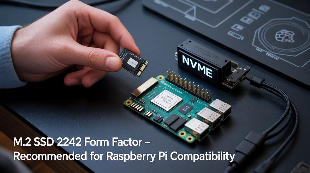 How to Install M2 SSD on Raspberry Pi 1 A realistic image showing a person's hand holding a small M.2 SSD next to a Raspberry Pi 4 with an NVMe HAT adapter attached. Components are clearly labeled, with the SSD form factor (2242) visible. Desktop setup with technical diagrams in background.