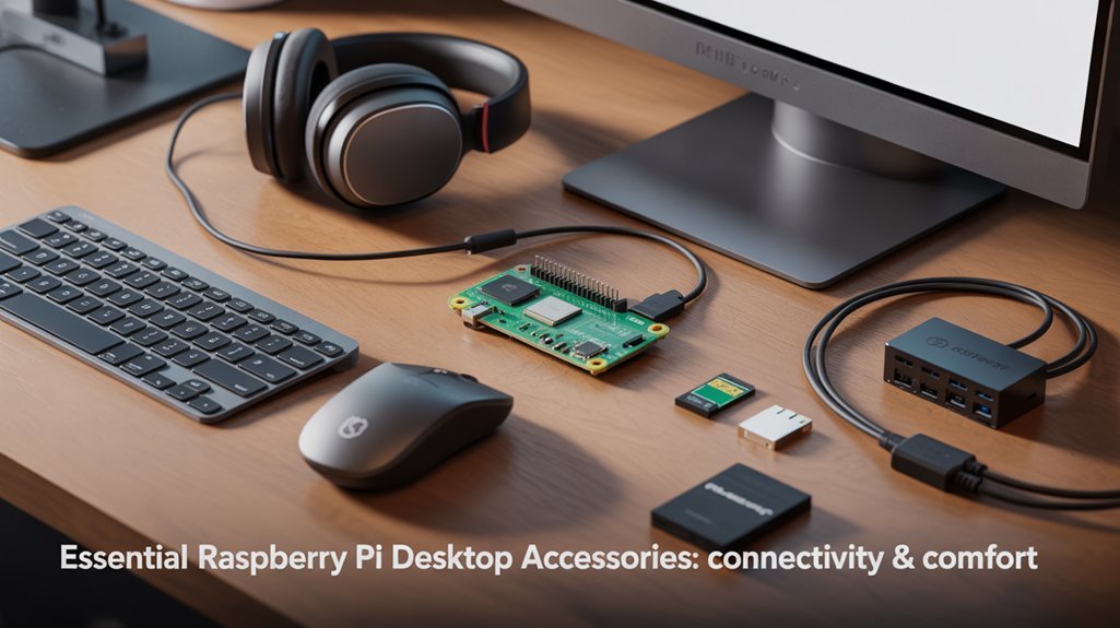 A realistic image showcasing a Raspberry Pi as a desktop, setup with wireless keyboard, mouse, headphones, USB hub, SD card, power supply, and HDMI cable arranged neatly on a wooden desk. Natural lighting highlights each component. Clean, organized workspace with subtle tech aesthetic.